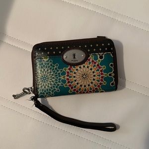 Brown and turquoise Fossil wrist wallet
